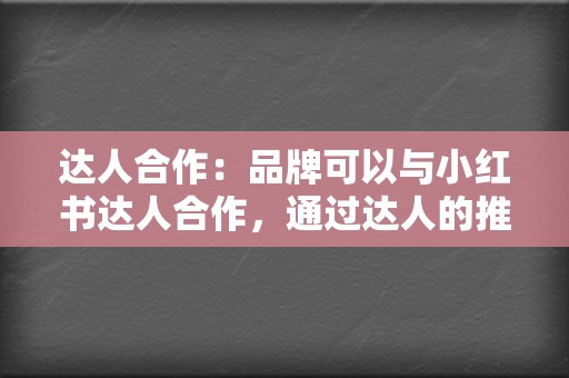 达人合作：品牌可以与小红书达人合作，通过达人的推荐和测评，触达更多目标受众，提高产品销量。