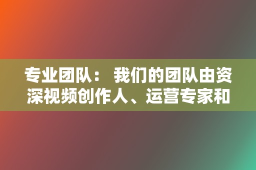 专业团队： 我们的团队由资深视频创作人、运营专家和数据分析师组成，拥有丰富的视频创作和运营经验。