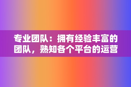 专业团队：拥有经验丰富的团队，熟知各个平台的运营规则，提供专业高效的服务。