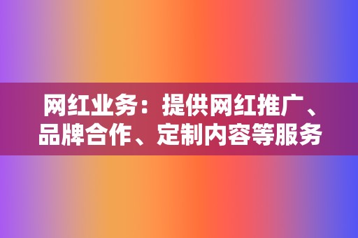 网红业务：提供网红推广、品牌合作、定制内容等服务，帮助您打造个人品牌和提升商业价值。